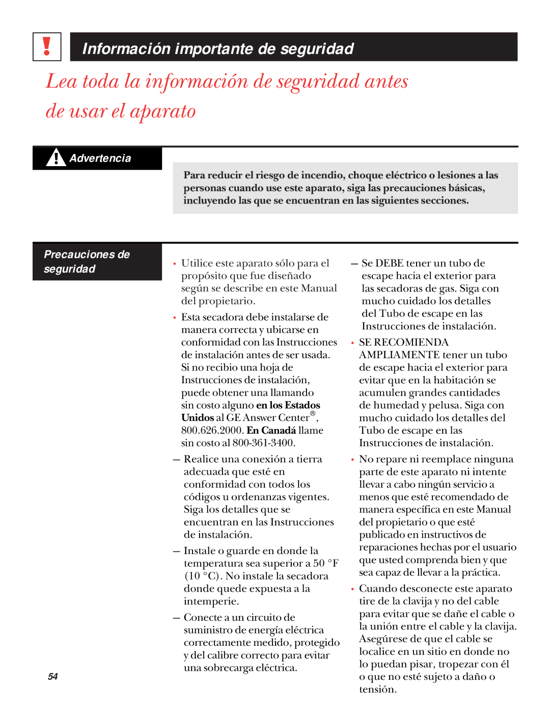 GE UPSQ495GT, UPSQ495ET operating instructions Información importante de seguridad, Advertencia, Precauciones de seguridad 