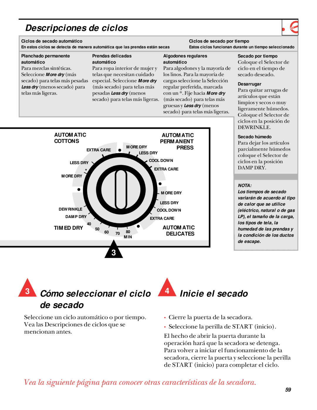 GE UPSQ495ET, UPSQ495GT operating instructions Descripciones de ciclos 