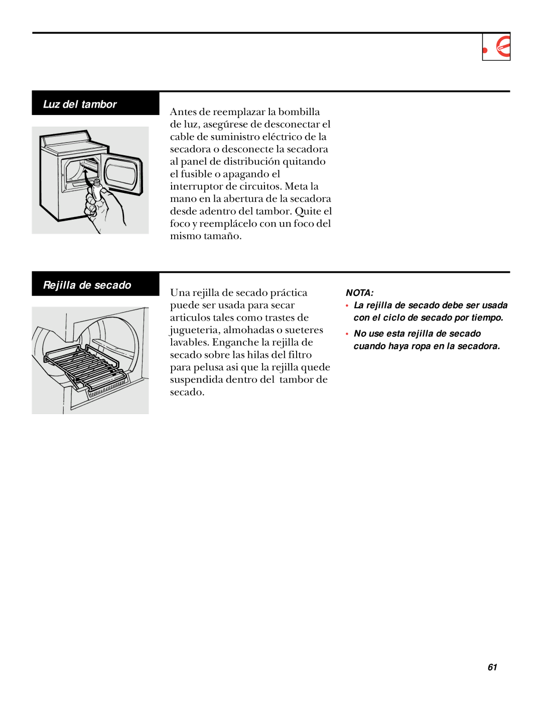 GE UPSQ495ET, UPSQ495GT operating instructions Luz del tambor, Rejilla de secado 