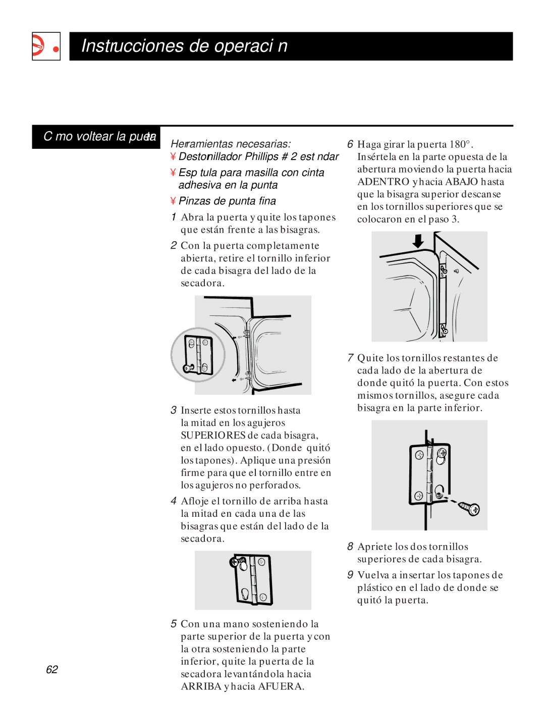 GE UPSQ495GT, UPSQ495ET operating instructions Cómo voltear la puerta, Herramientas necesarias 