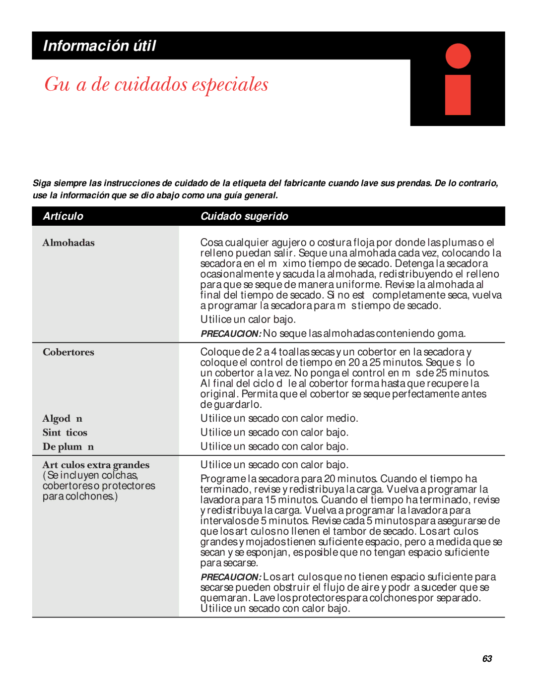 GE UPSQ495ET, UPSQ495GT operating instructions Guía de cuidados especiales, Información útil, Artículo Cuidado sugerido 