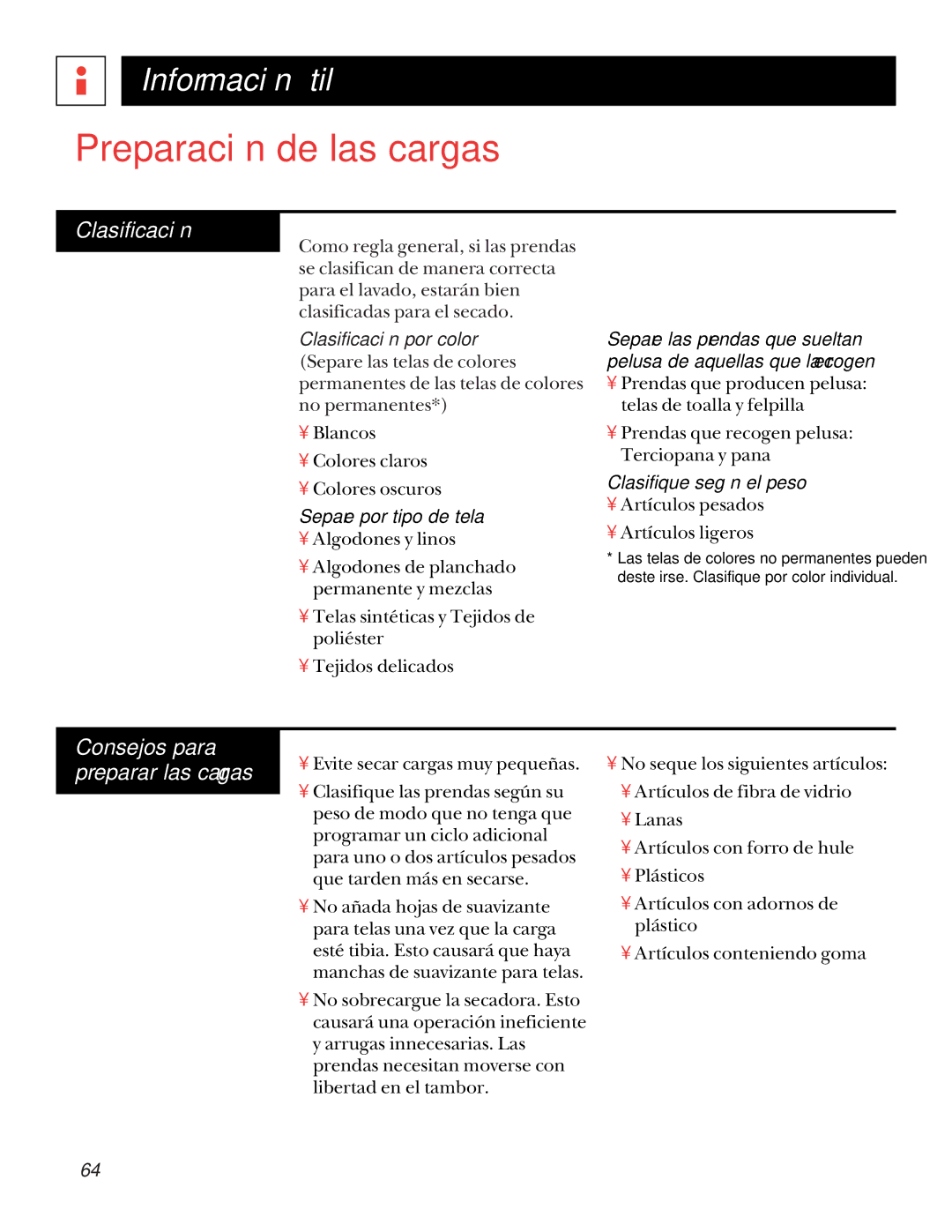 GE UPSQ495GT Preparación de las cargas, Clasificación, Consejos para preparar las cargas, Separe por tipo de tela 