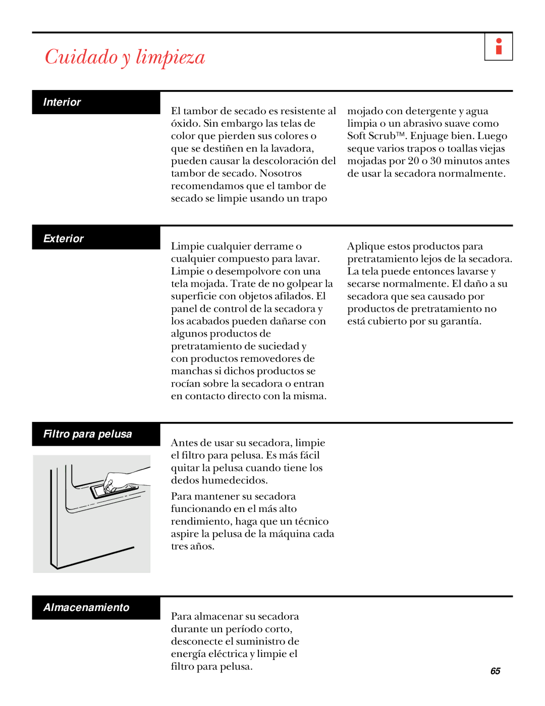 GE UPSQ495ET, UPSQ495GT operating instructions Cuidado y limpieza, Filtro para pelusa, Almacenamiento 