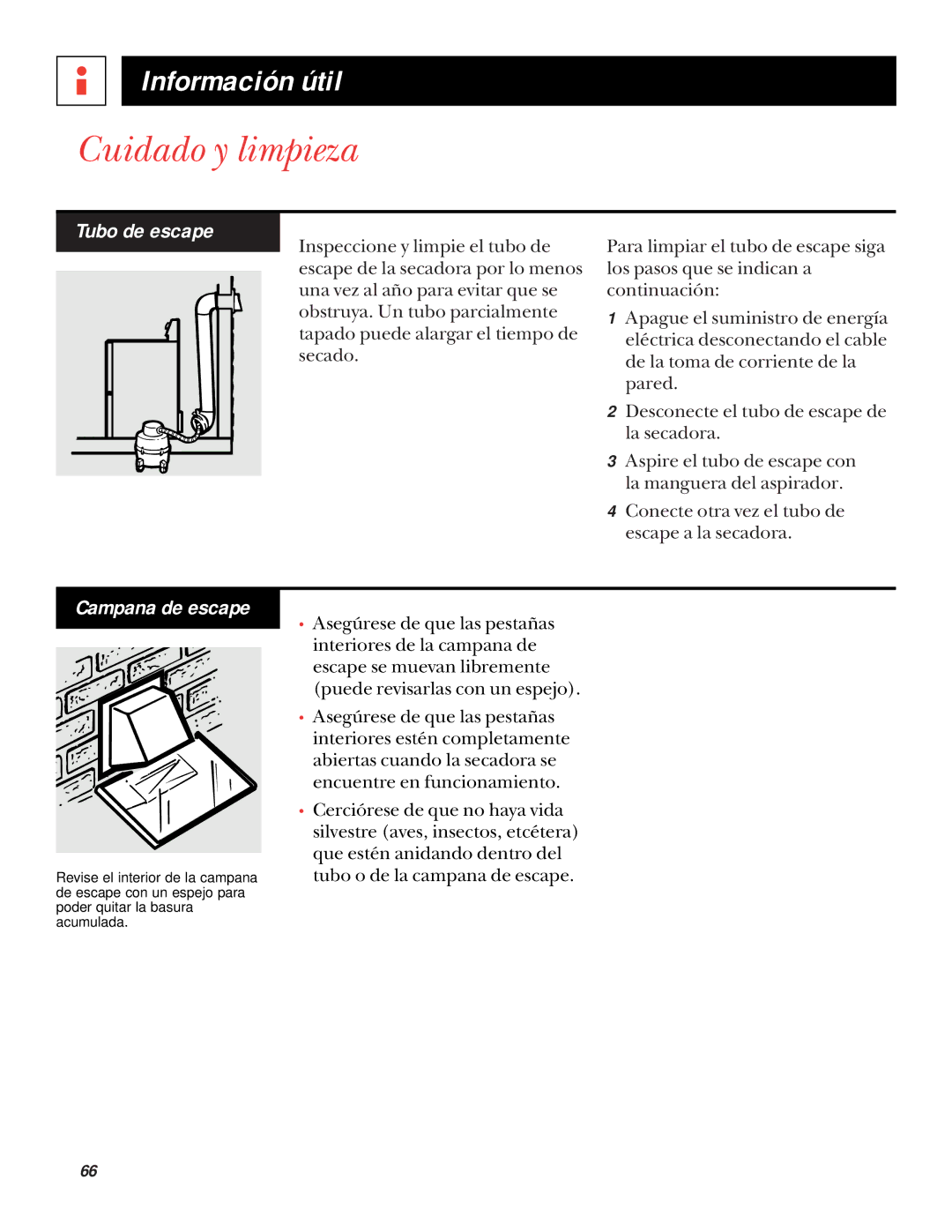 GE UPSQ495GT, UPSQ495ET operating instructions Tubo de escape, Campana de escape 