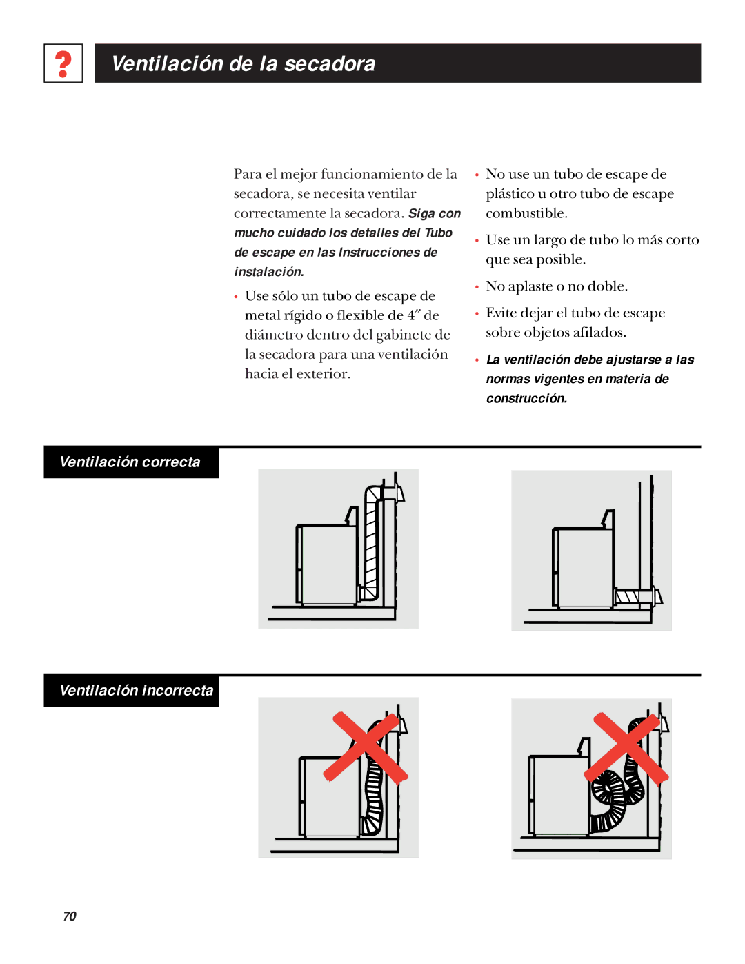 GE UPSQ495GT, UPSQ495ET operating instructions Ventilación de la secadora, Ventilación correcta Ventilación incorrecta 