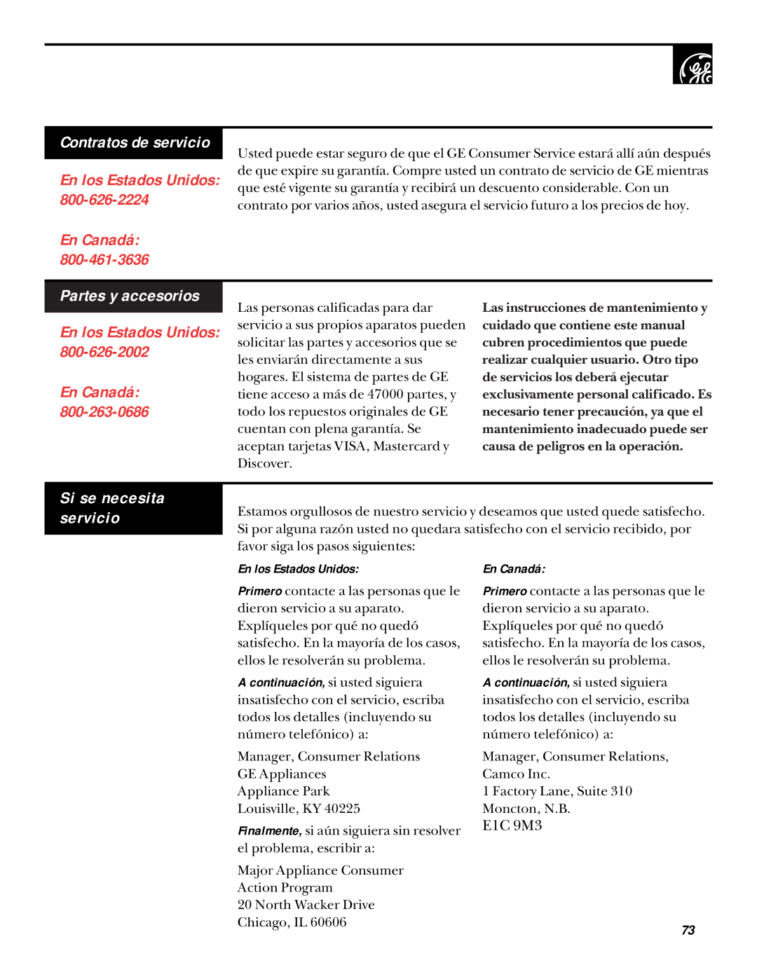 GE UPSQ495ET, UPSQ495GT operating instructions Partes y accesorios, Contratos de servicio, Si se necesita servicio 