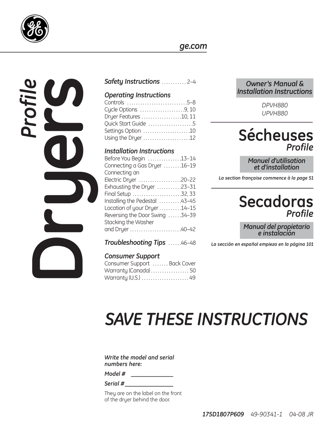 GE UPVH880 installation instructions Profile 