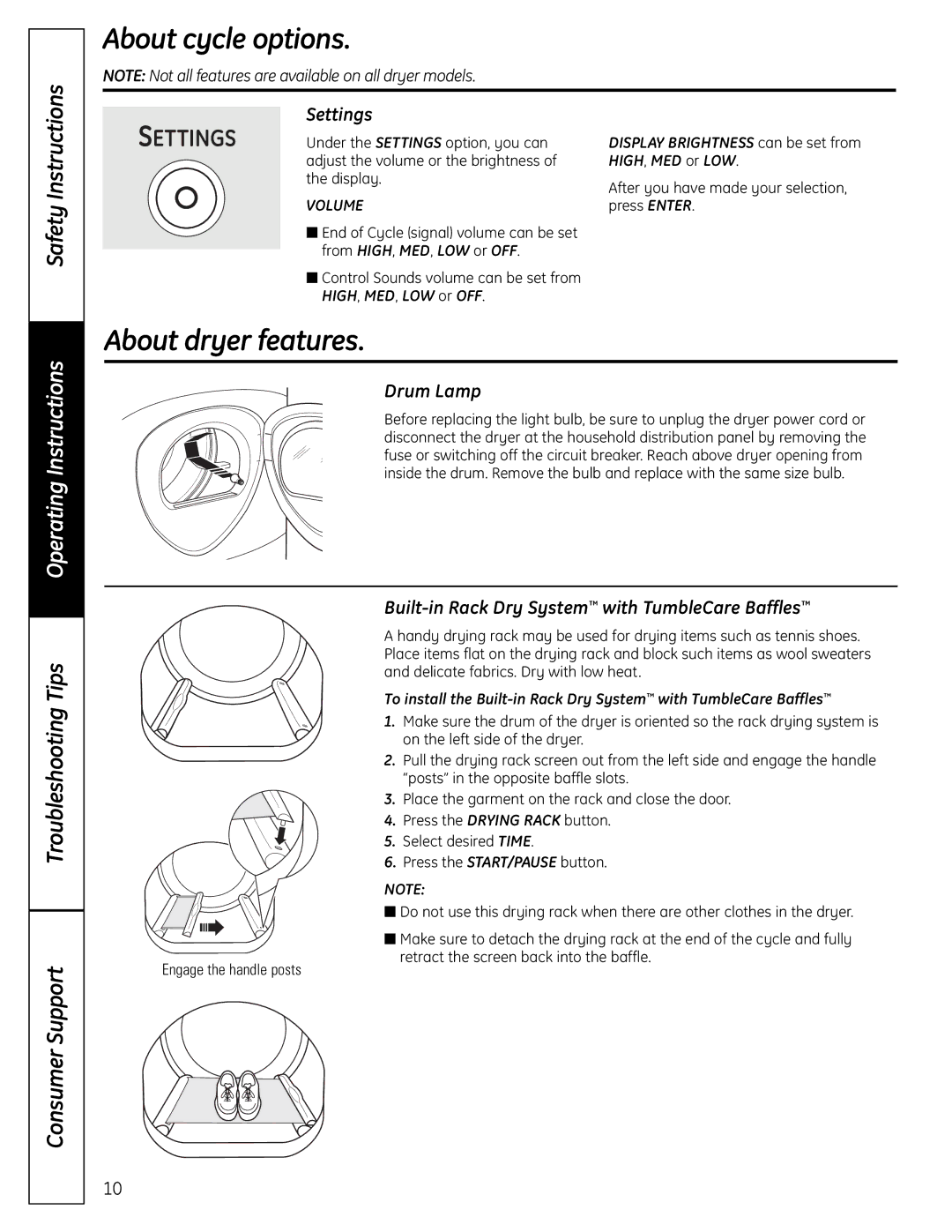 GE UPVH880 About dryer features, Settings, Drum Lamp, Built-in Rack Dry System with TumbleCare Baffles 