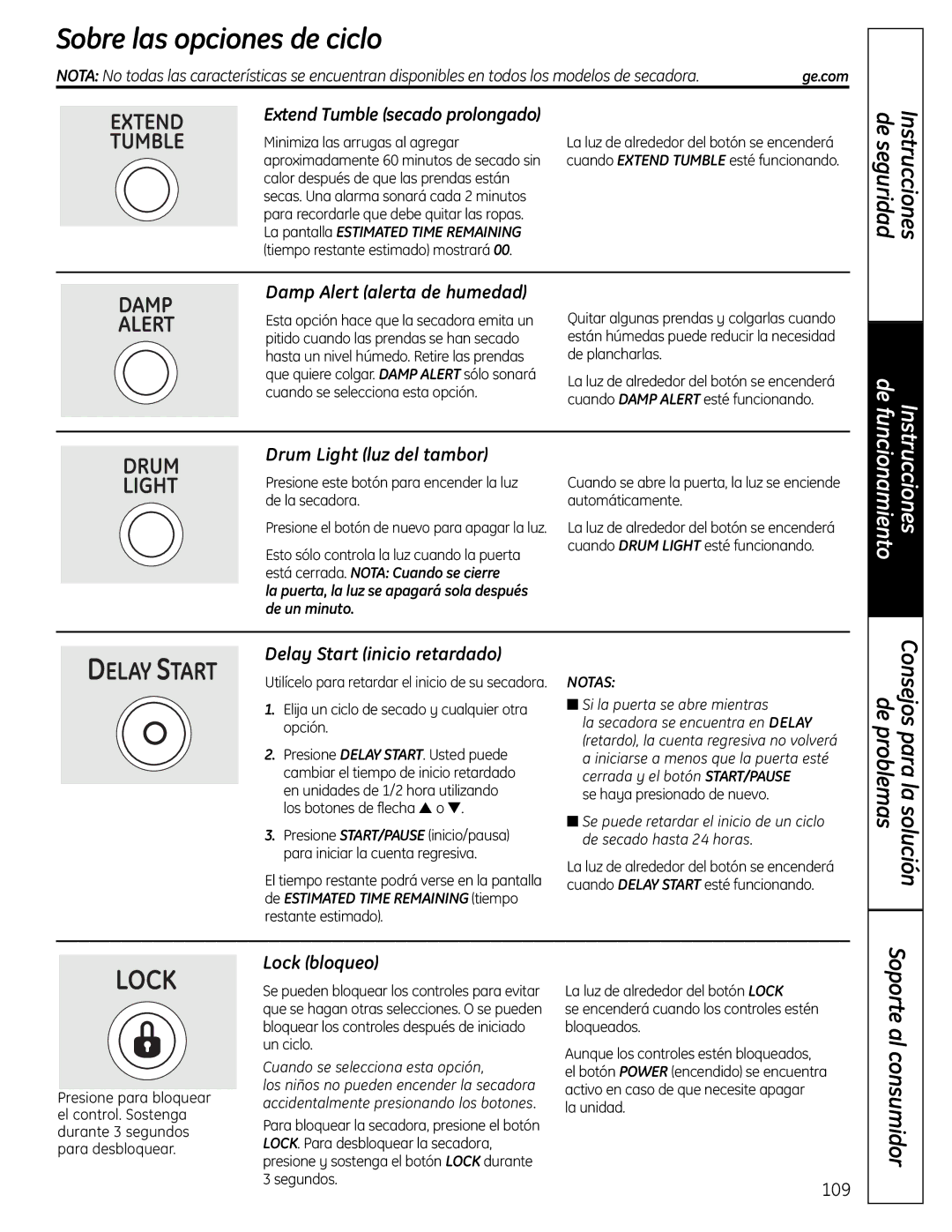 GE UPVH880 Sobre las opciones de ciclo, Damp Alert alerta de humedad, Drum Light luz del tambor, Lock bloqueo 