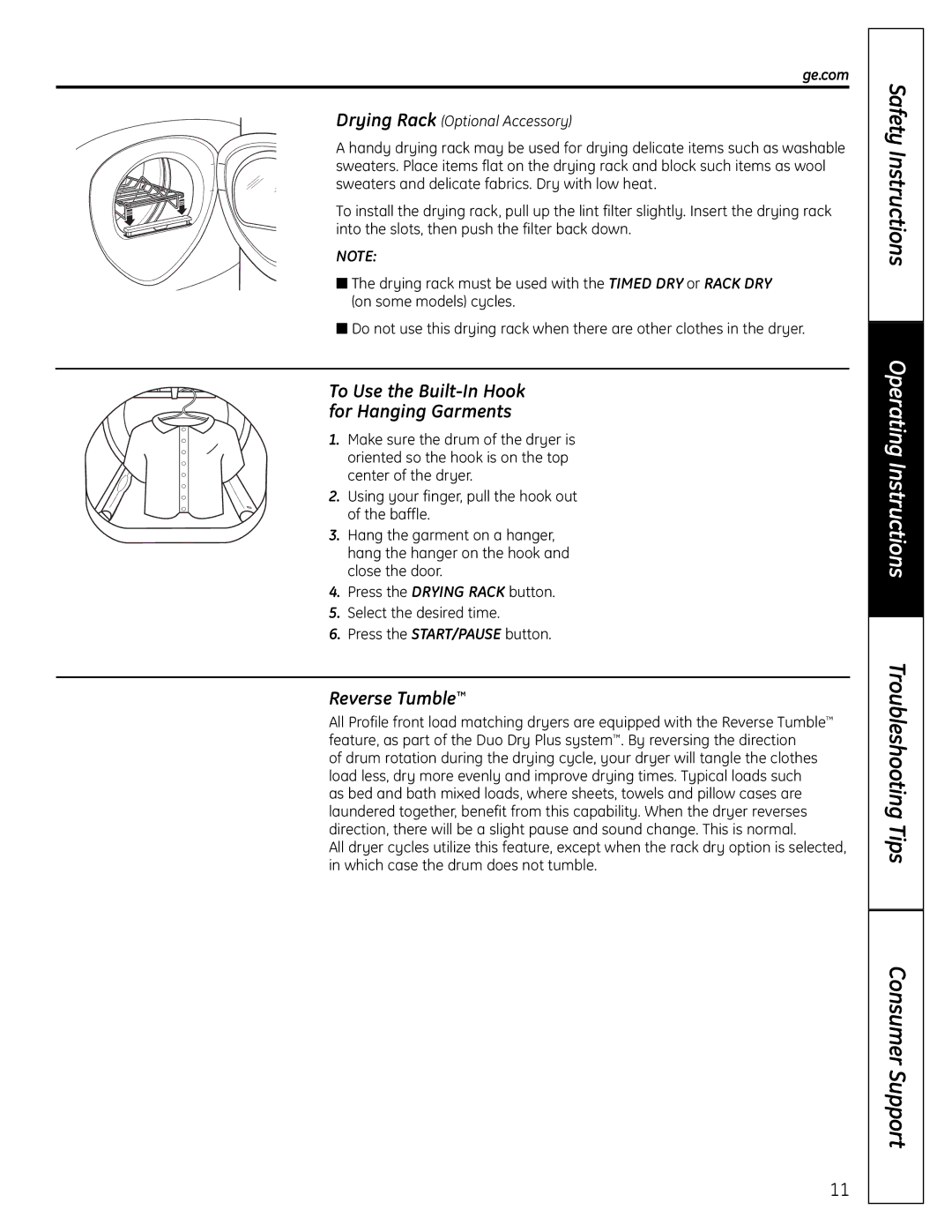 GE UPVH880 installation instructions Reverse Tumble, To Use the Built-In Hook for Hanging Garments 