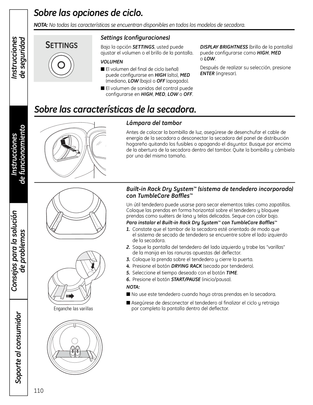 GE UPVH880 Sobre las características de la secadora, Settings configuraciones, Lámpara del tambor, Low 