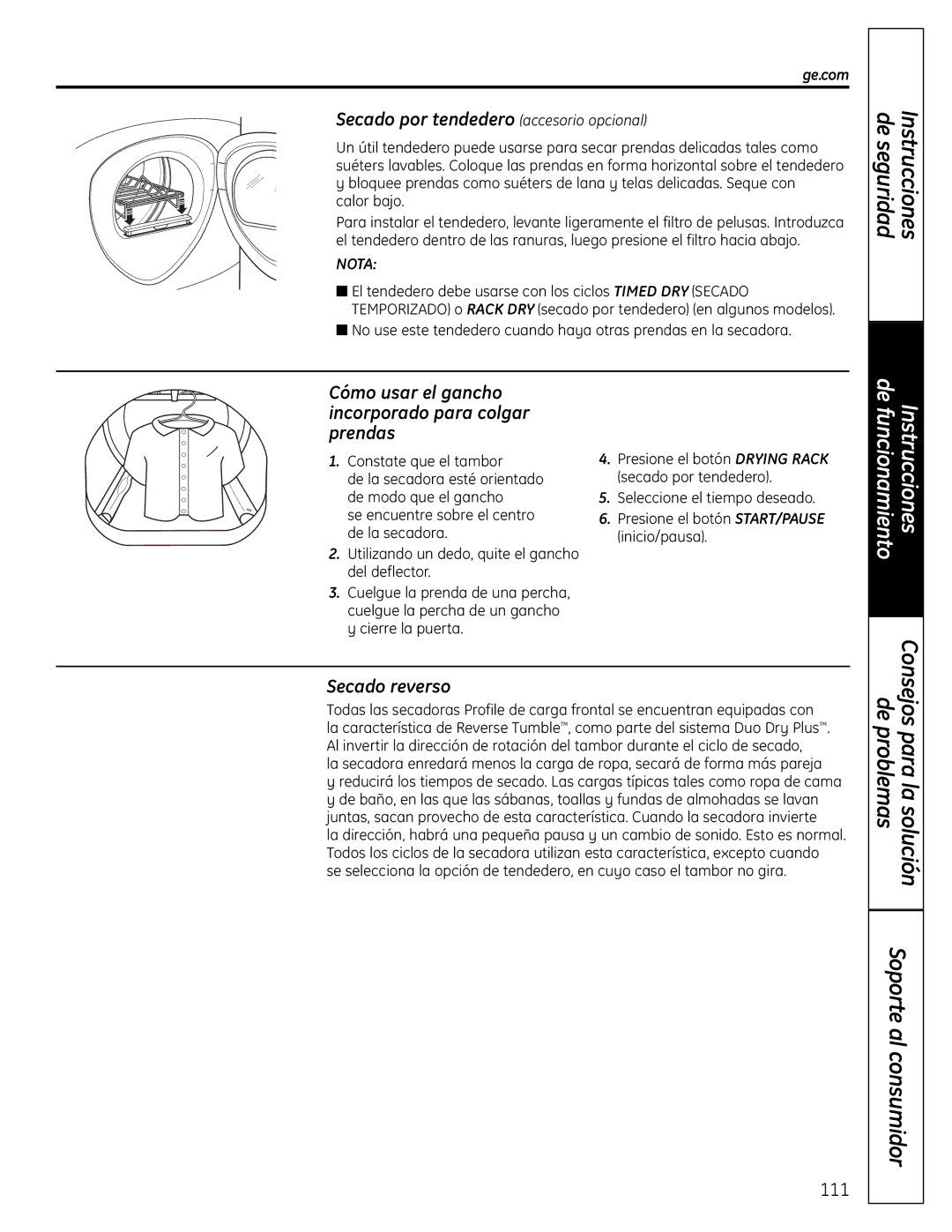 GE UPVH880 Secado por tendedero accesorio opcional, Cómo usar el gancho incorporado para colgar prendas, Secado reverso 