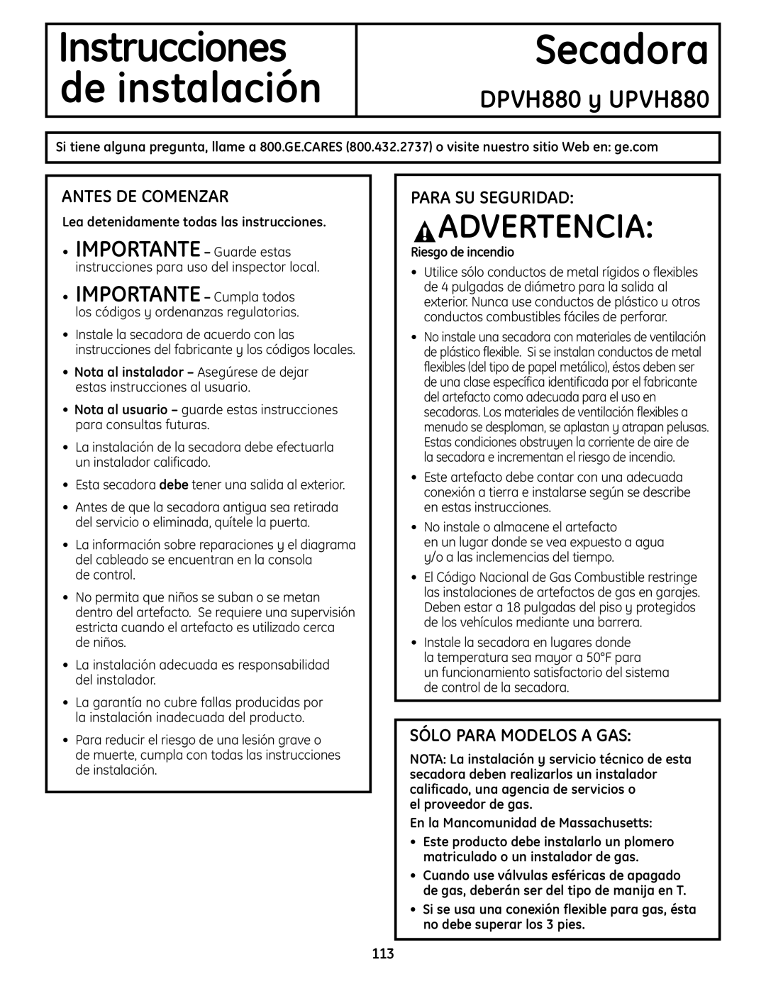 GE installation instructions DPVH880 y UPVH880, Antes DE Comenzar, Para SU Seguridad, Sólo Para Modelos a GAS 