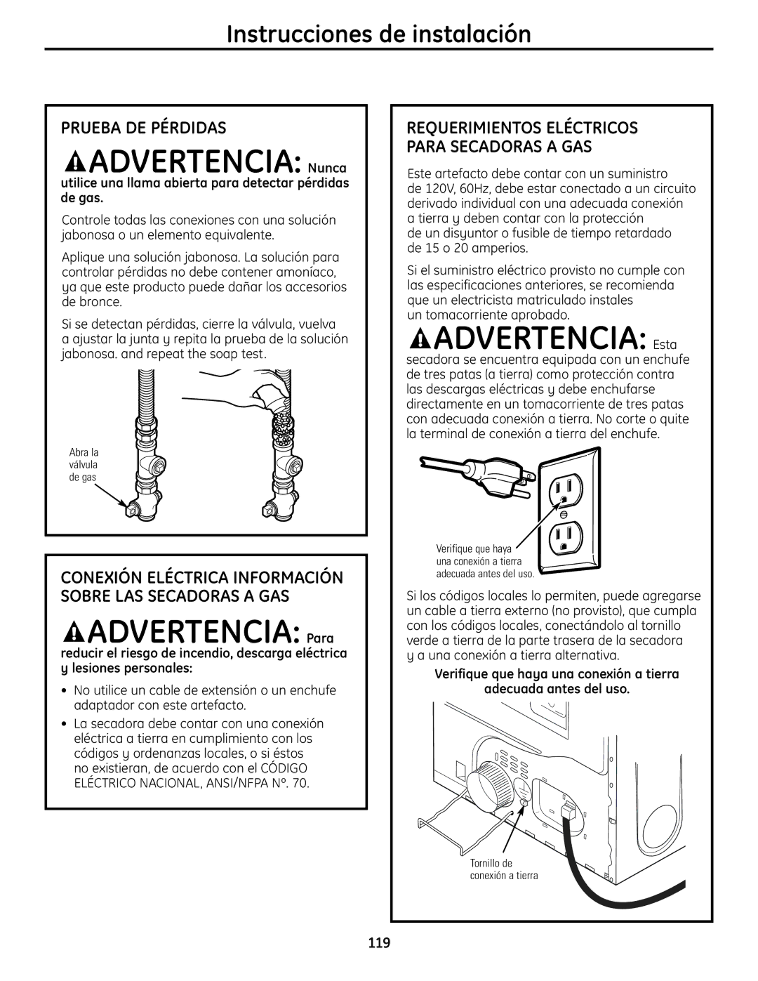 GE UPVH880 installation instructions Prueba DE Pérdidas, Conexión Eléctrica Información Sobre LAS Secadoras a GAS 