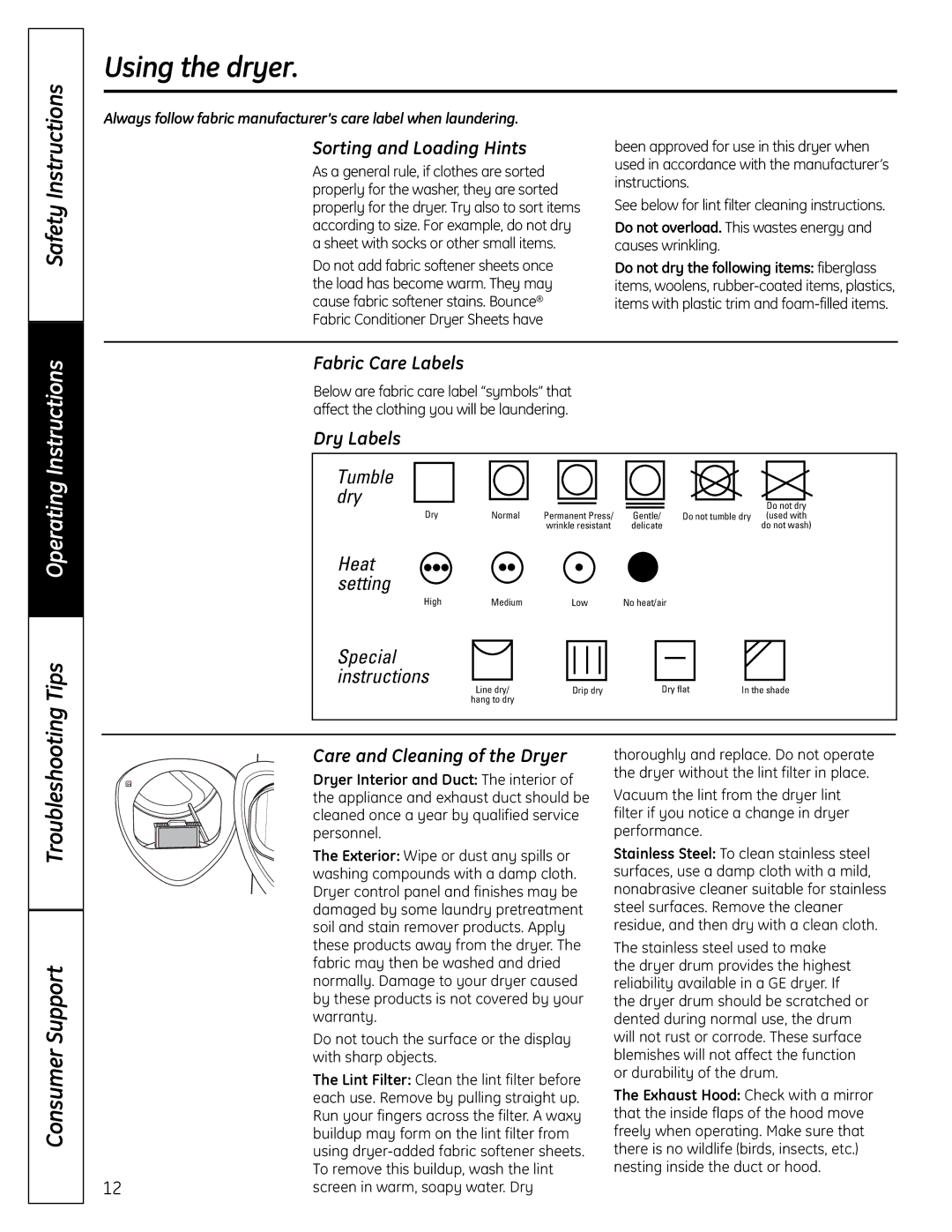 GE UPVH880 Using the dryer, Sorting and Loading Hints, Fabric Care Labels, Dry Labels, Care and Cleaning of the Dryer 