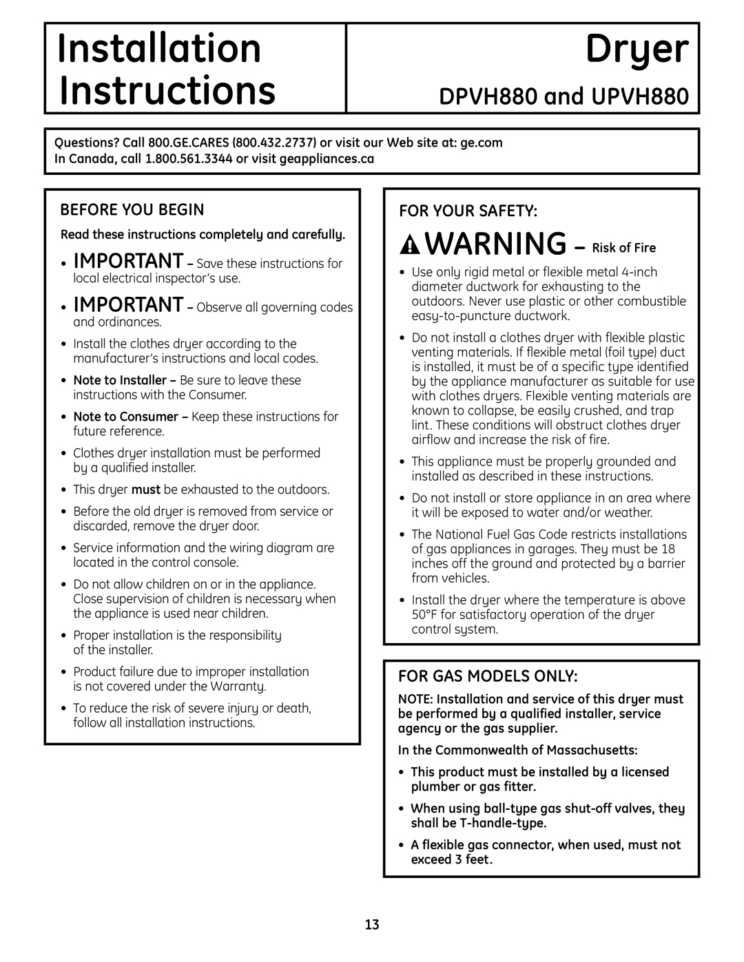 GE installation instructions DPVH880 and UPVH880, Before YOU Begin, For Your Safety, For GAS Models only 