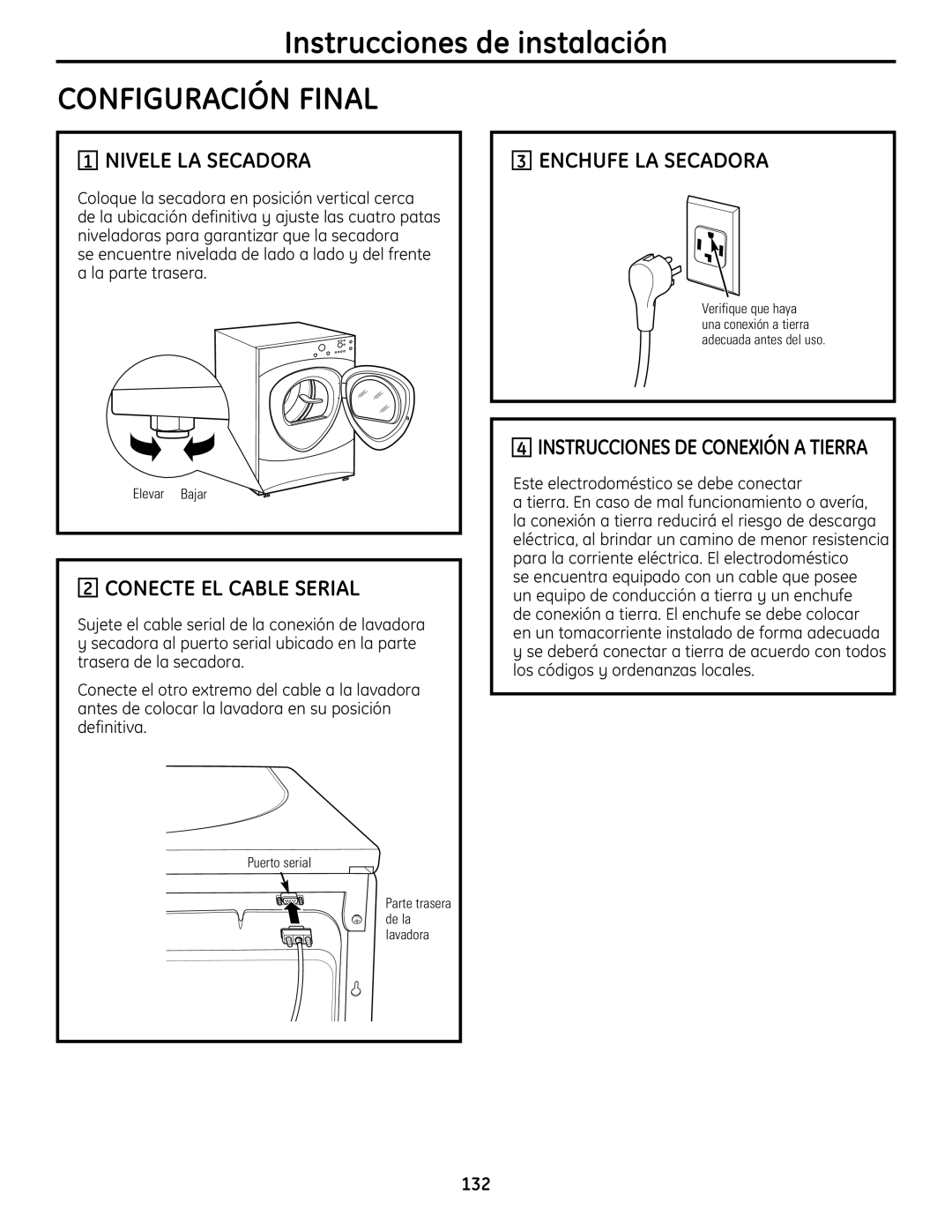 GE UPVH880 Nivele LA Secadora, Conecte EL Cable Serial, Enchufe LA Secadora, Instrucciones DE Conexión a Tierra 