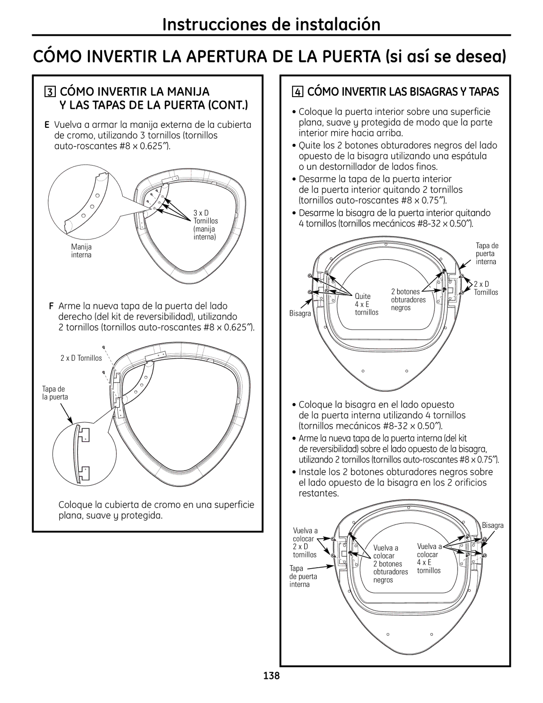 GE UPVH880 installation instructions Cómo Invertir LA Manija LAS Tapas DE LA Puerta, Cómo Invertir LAS Bisagras Y Tapas 