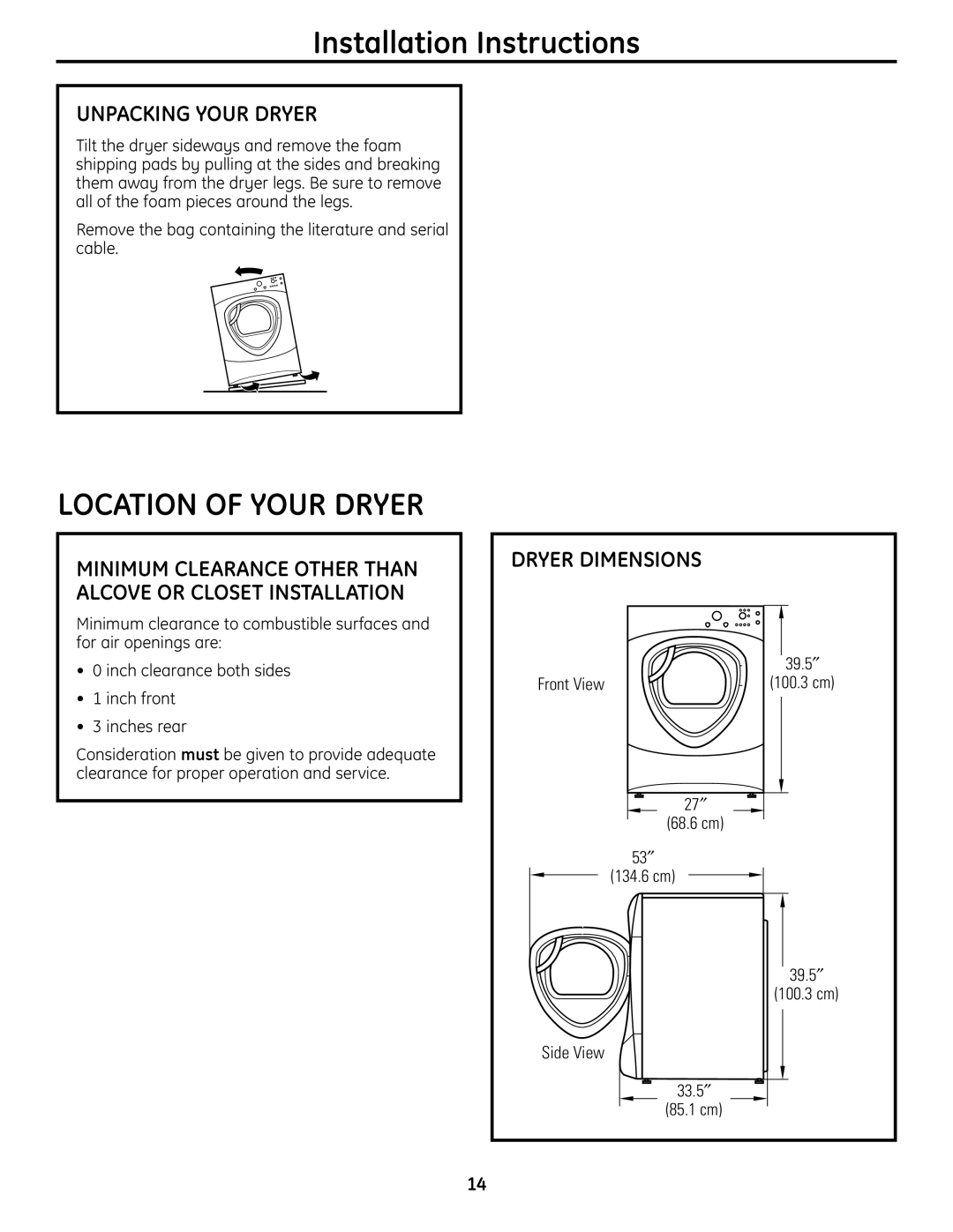 GE UPVH880 installation instructions Installation Instructions, Unpacking Your Dryer, Dryer Dimensions, Front View 