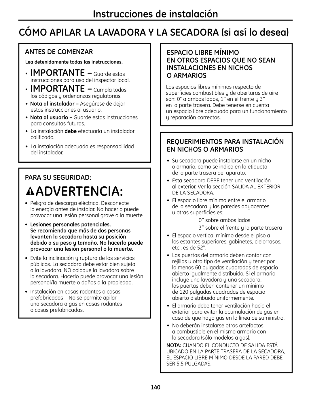 GE UPVH880 installation instructions Espacio Libre Mínimo, Armarios, EN Otros Espacios QUE no Sean Instalaciones EN Nichos 