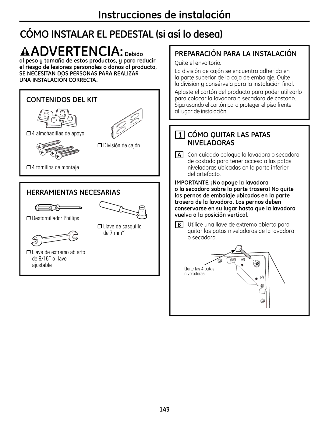 GE UPVH880 Preparación Para LA Instalación, Cómo Quitar LAS Patas Niveladoras, Al lugar de instalación 