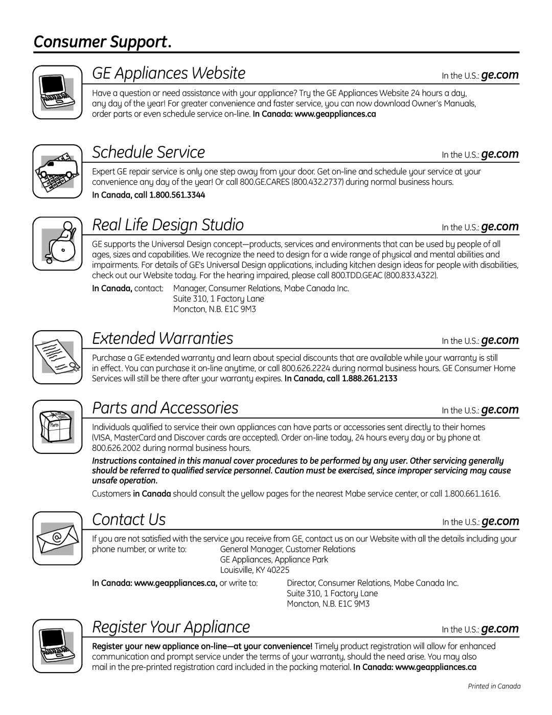 GE UPVH880 installation instructions Consumer Support, Schedule Service 