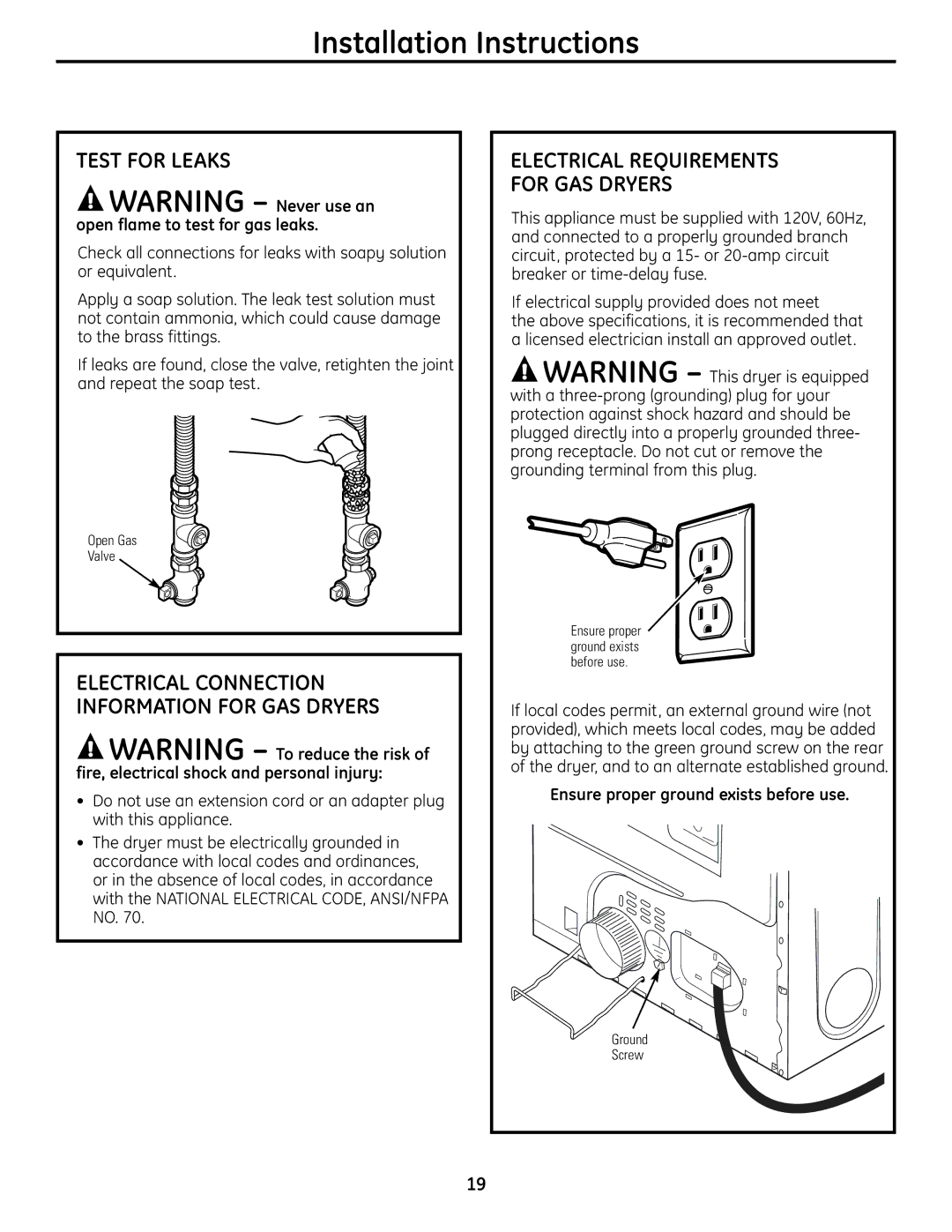 GE UPVH880 Test for Leaks, Electrical Requirements For GAS Dryers, Electrical Connection Information for GAS Dryers 