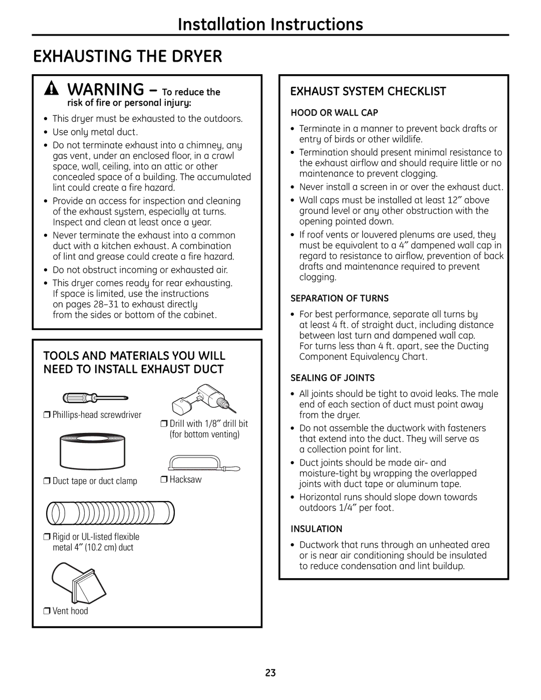 GE UPVH880 installation instructions Exhaust System Checklist, Tools and Materials YOU will Need to Install Exhaust Duct 