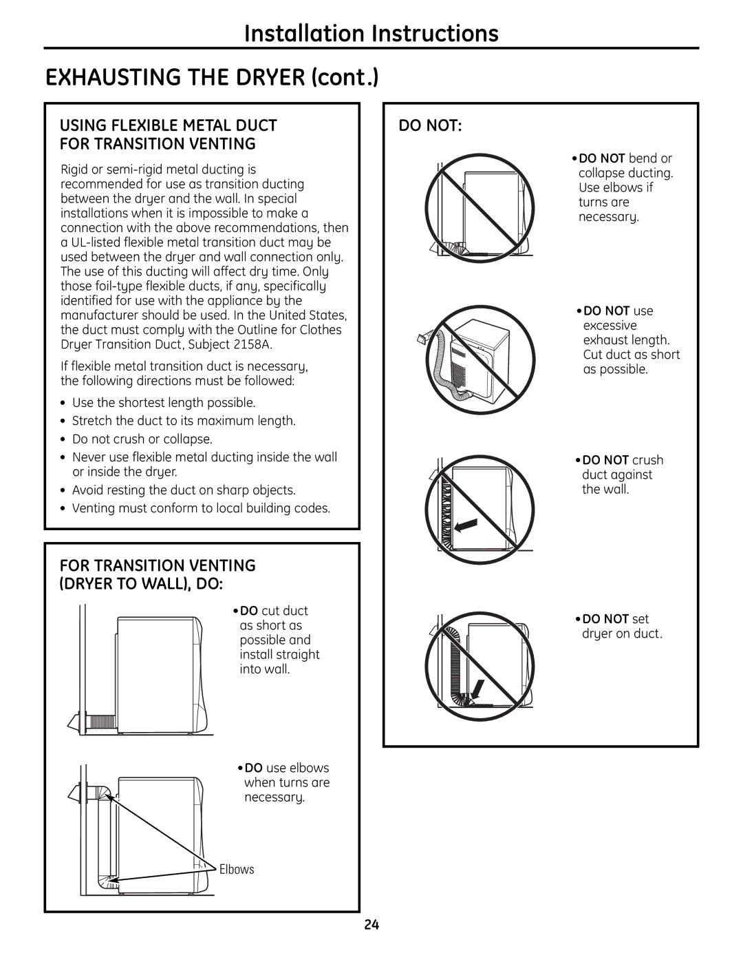 GE UPVH880 Installation Instructions Exhausting the Dryer, Do not, For Transition Venting Dryer to WALL, do 