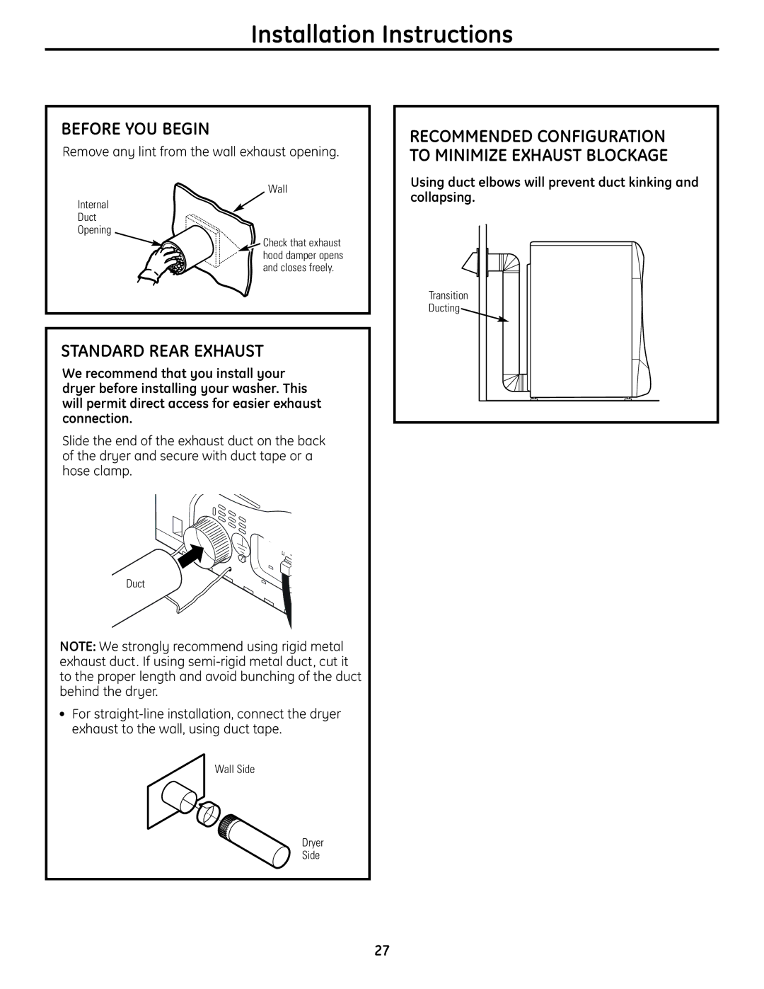 GE UPVH880 installation instructions Standard Rear Exhaust, Recommended Configuration to Minimize Exhaust Blockage 