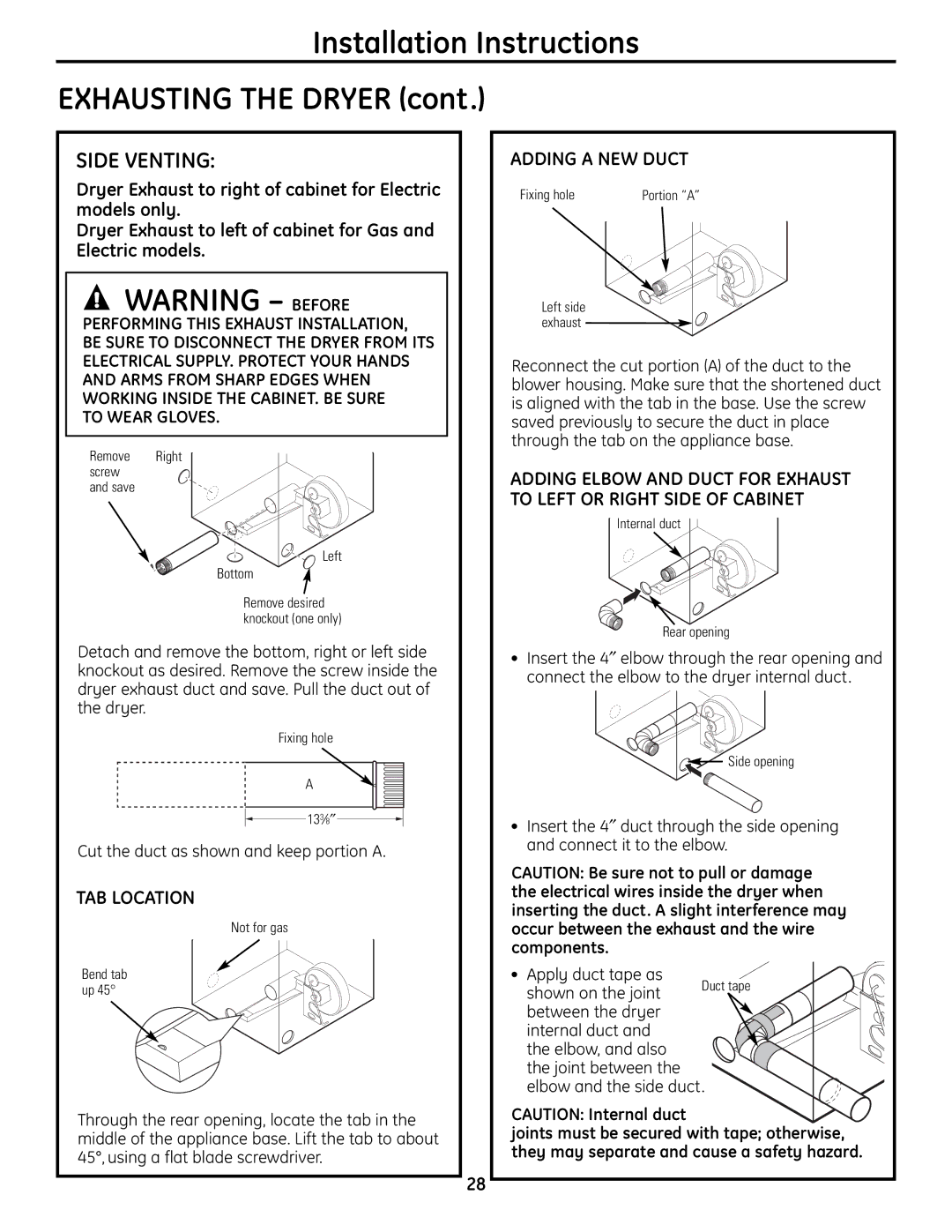 GE UPVH880 Side Venting, TAB Location, Adding a NEW Duct, To Wear Gloves, Cut the duct as shown and keep portion a 