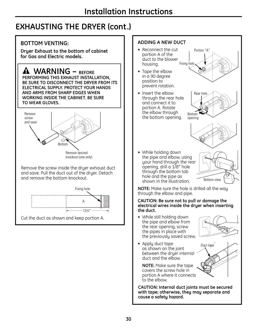 GE UPVH880 installation instructions Bottom Venting, Reconnect the cut, Portion a Duct to the blower, Bottom opening 