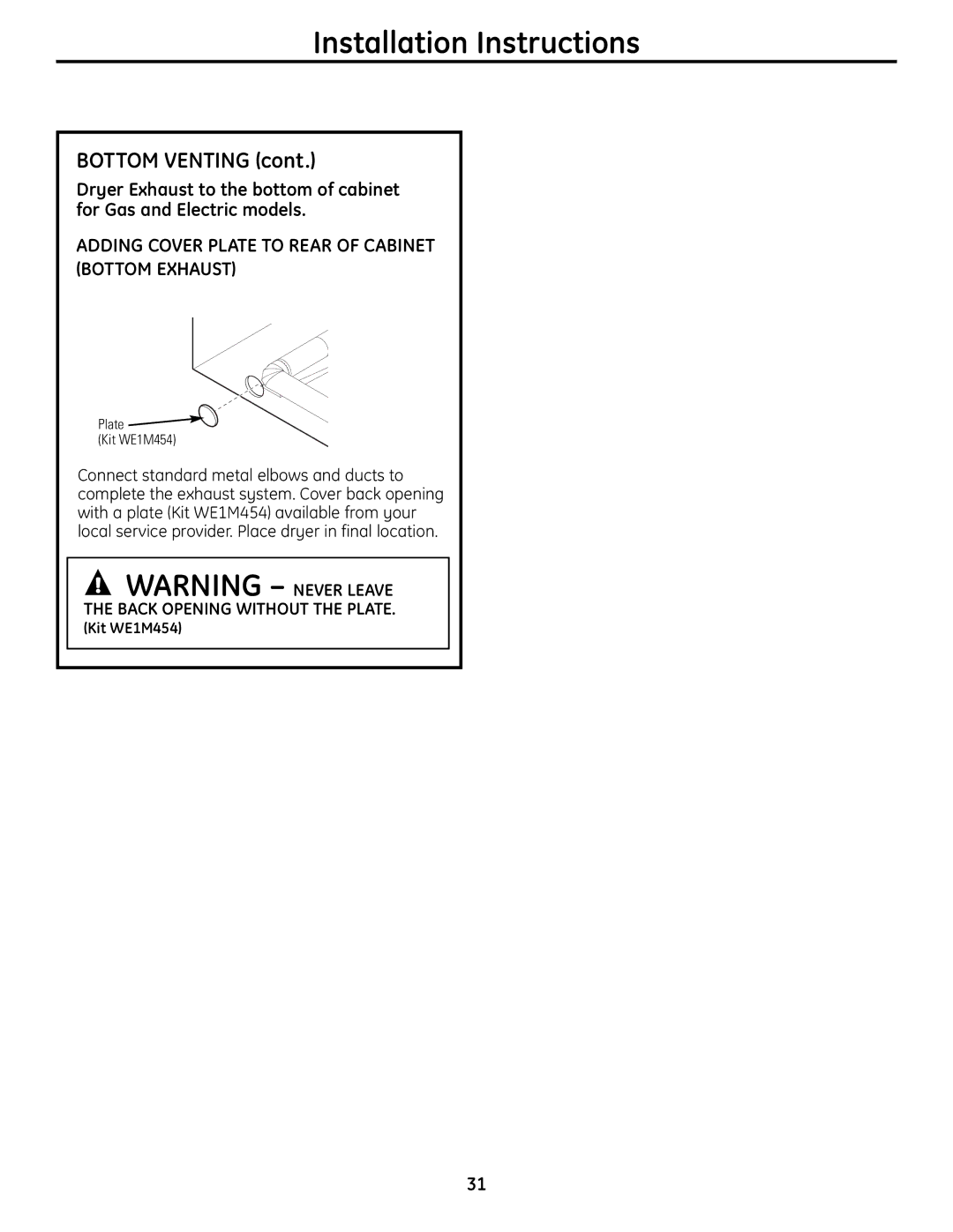 GE UPVH880 installation instructions Bottom Venting, Adding Cover Plate to Rear of Cabinet Bottom Exhaust 