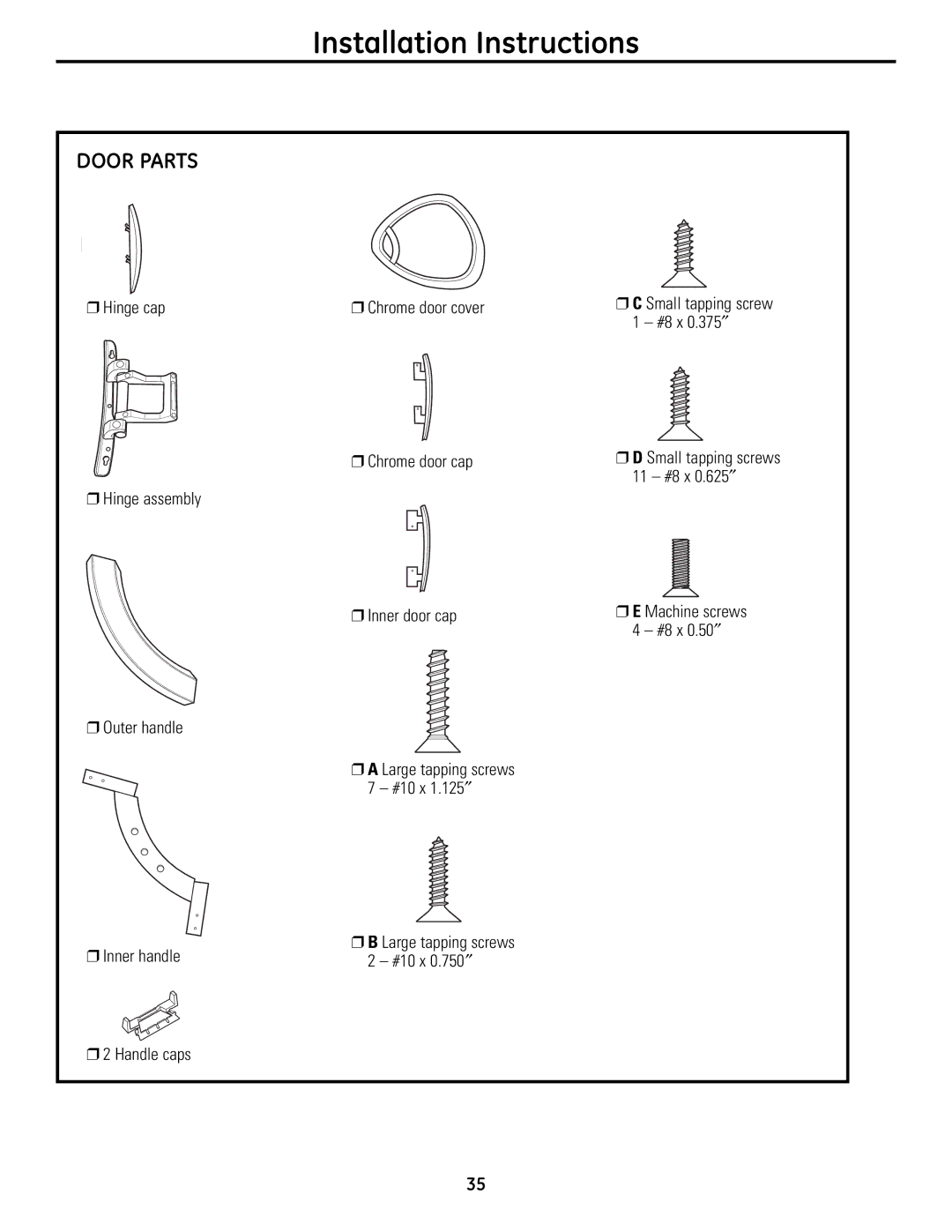 GE UPVH880 installation instructions Door Parts 