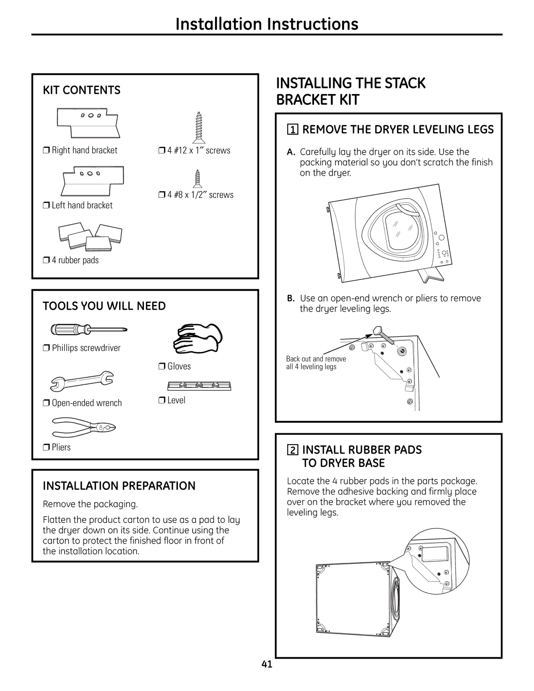 GE UPVH880 installation instructions KIT Contents, Installation Preparation, Install Rubber Pads to Dryer Base 