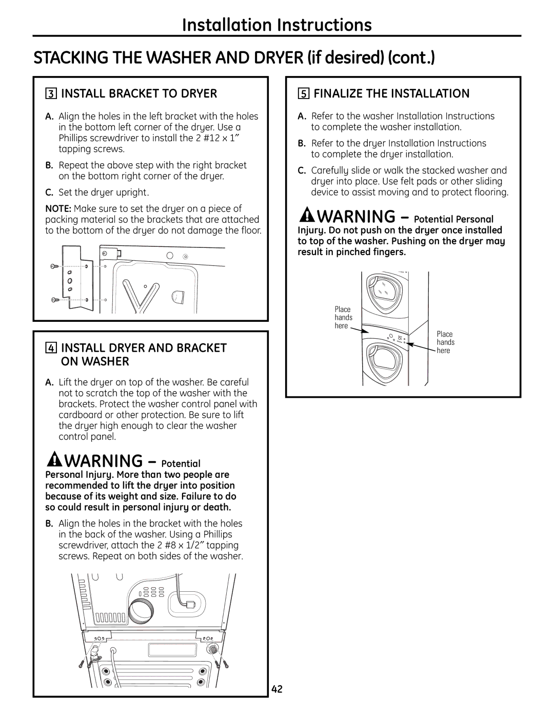 GE UPVH880 Install Bracket to Dryer, Install Dryer and Bracket on Washer, Finalize the Installation, Set the dryer upright 