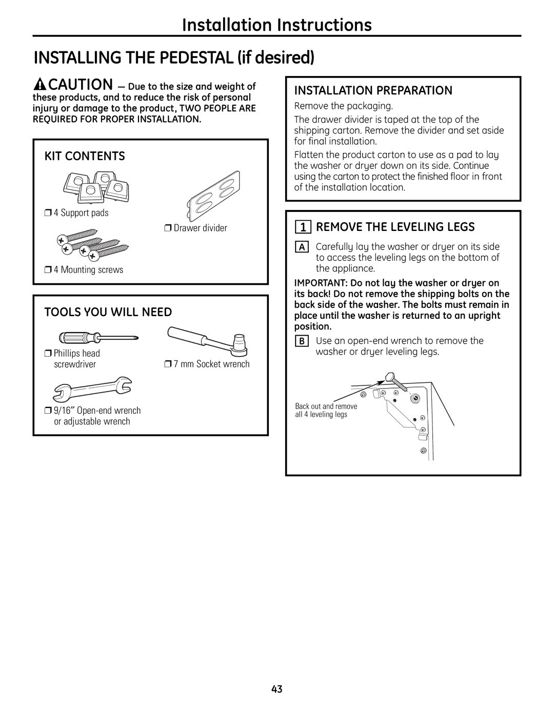 GE UPVH880 Remove the Leveling Legs, Support pads Drawer divider Mounting screws, Phillips head, Screwdriver 