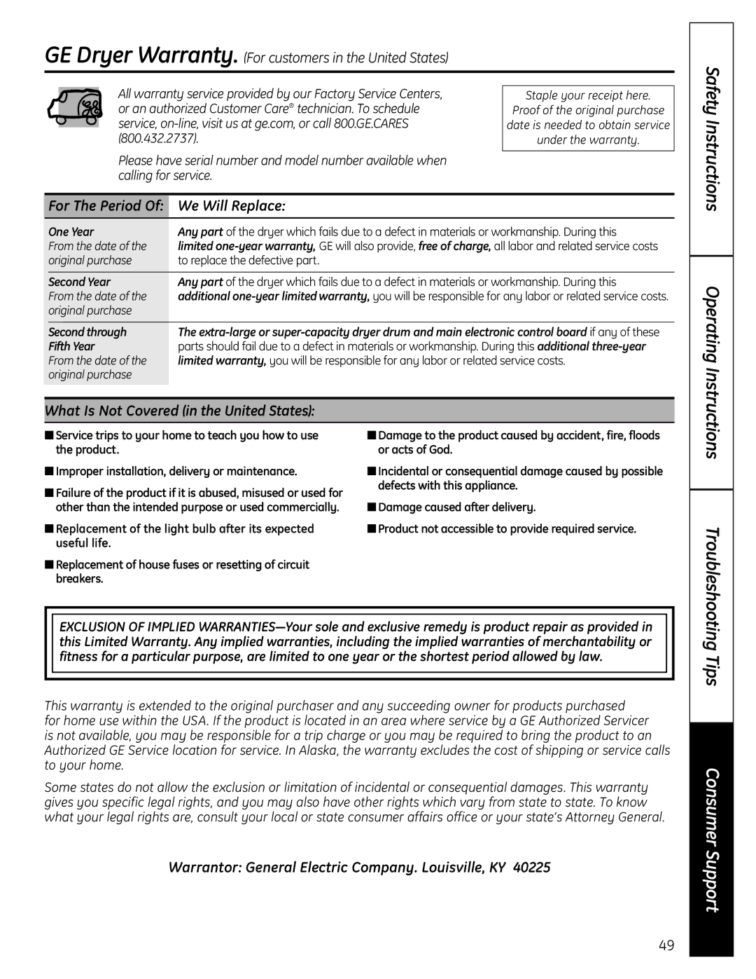 GE UPVH880 Safety Instructions For The Period Of We Will Replace, What Is Not Covered in the United States 