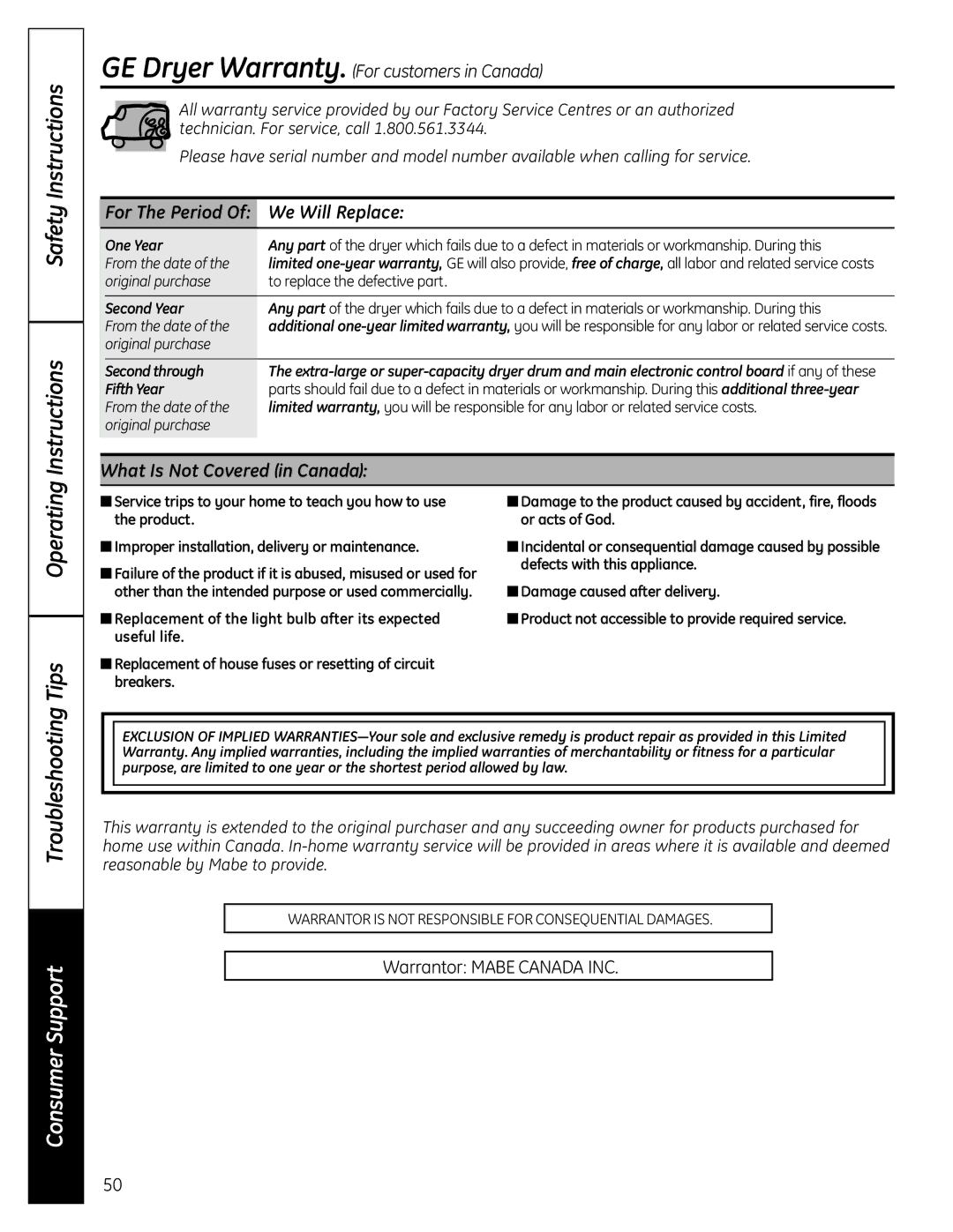 GE UPVH880 installation instructions We Will Replace, What Is Not Covered in Canada, For The Period 