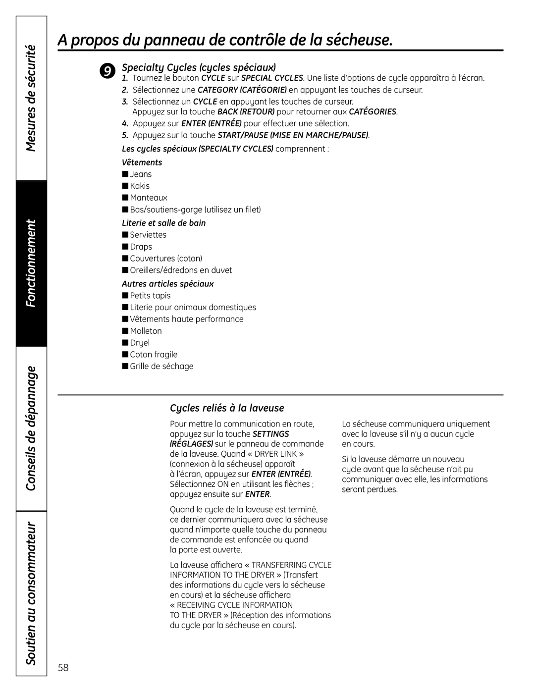 GE UPVH880 installation instructions Specialty Cycles cycles spéciaux, Cycles reliés à la laveuse, Literie et salle de bain 