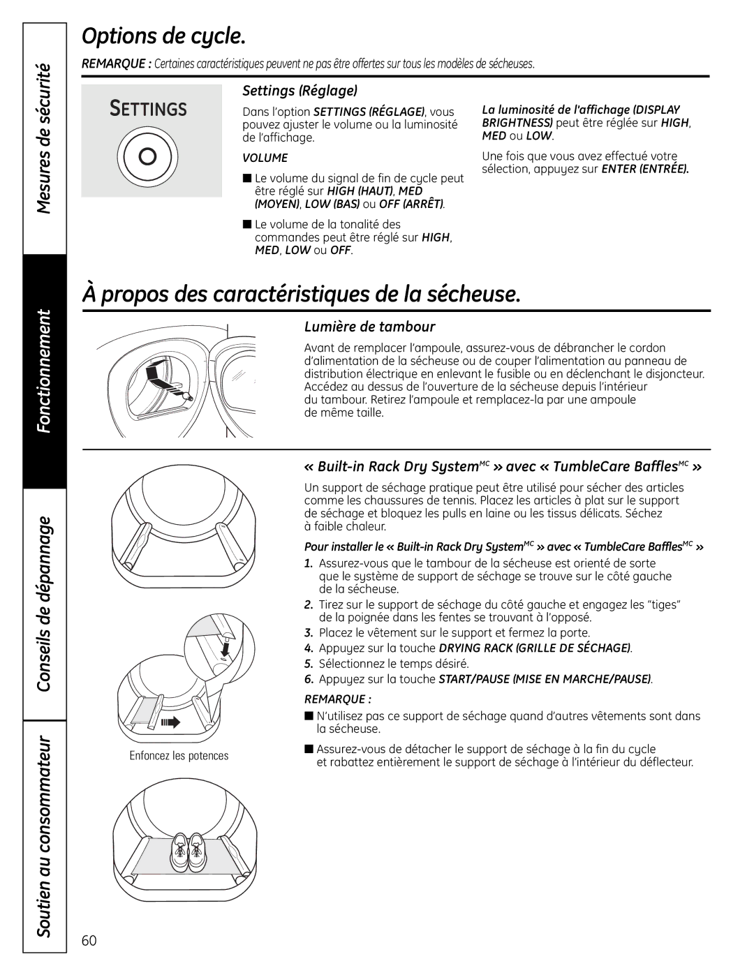 GE UPVH880 installation instructions Propos des caractéristiques de la sécheuse, Settings Réglage, Lumière de tambour 