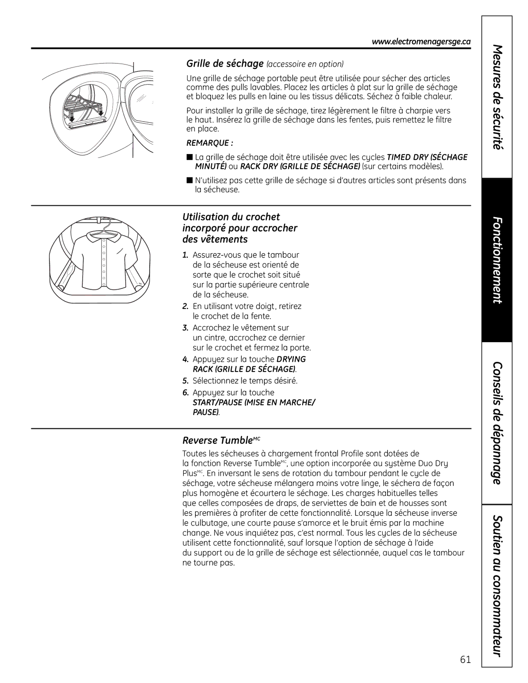 GE UPVH880 installation instructions Reverse TumbleMC, Grille de séchage accessoire en option 