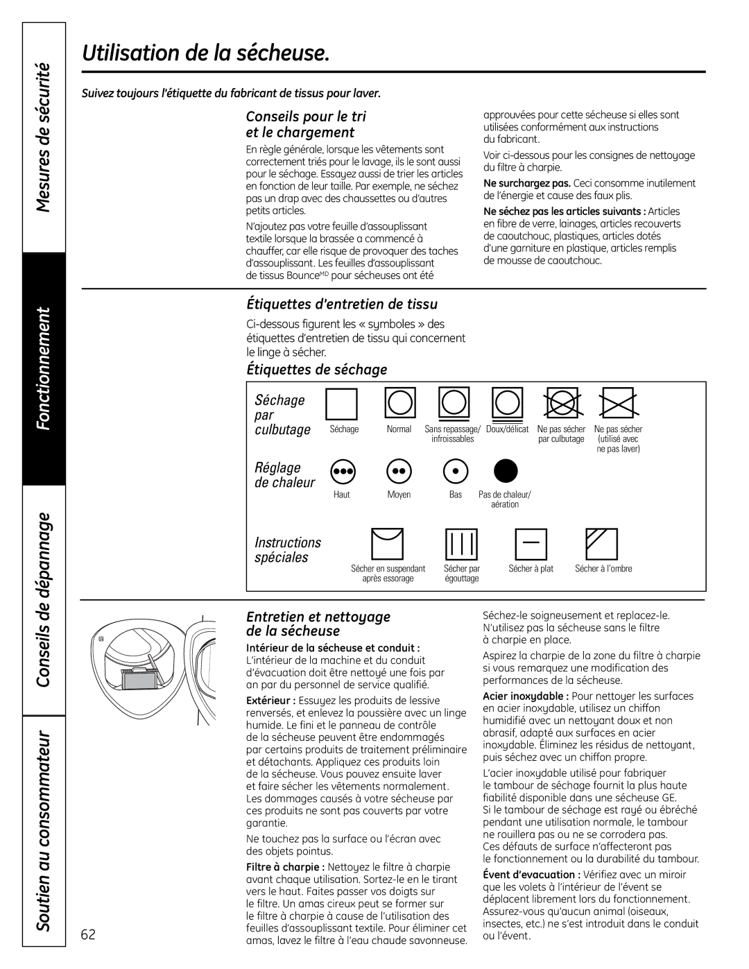 GE UPVH880 Utilisation de la sécheuse, Étiquettes d’entretien de tissu, Étiquettes de séchage, Entretien et nettoyage 