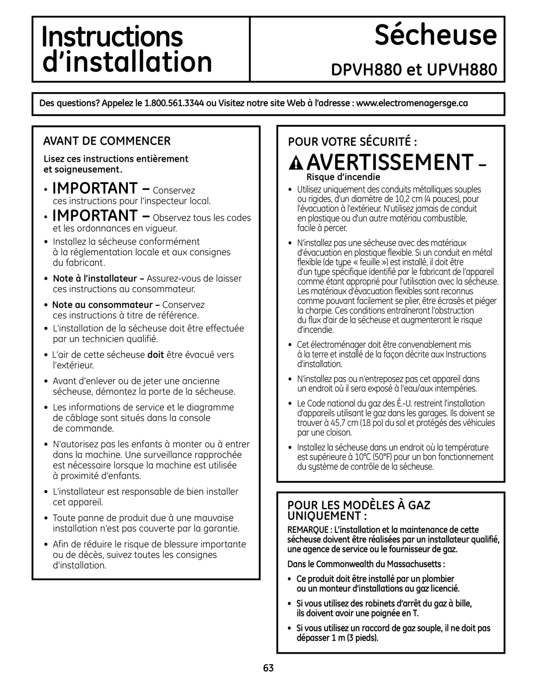 GE DPVH880 et UPVH880, Avant DE Commencer, Pour Votre Sécurité, Pour LES Modèles À GAZ Uniquement 