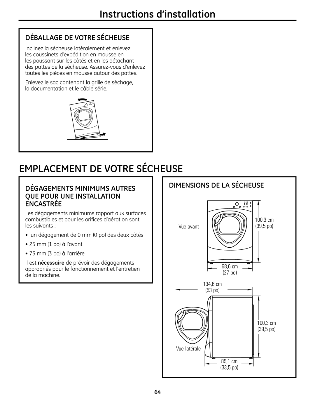 GE UPVH880 Instructions d’installation, Déballage DE Votre Sécheuse, Dimensions DE LA Sécheuse, Vue avant 