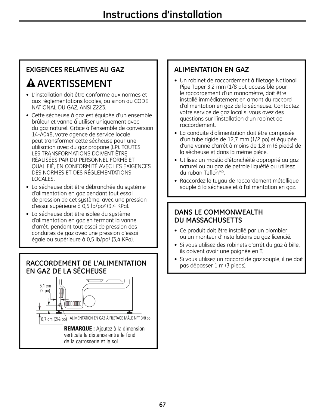 GE UPVH880 installation instructions Exigences Relatives AU GAZ, Alimentation EN GAZ, Dans LE Commonwealth DU Massachusetts 