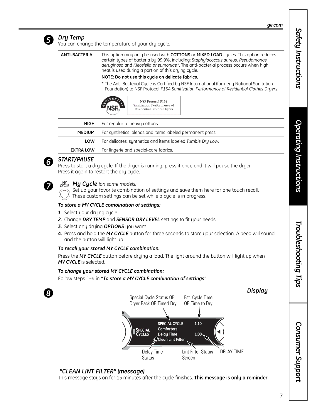 GE UPVH880 Dry Temp, Clean Lint Filter message, Display, To store a MY Cycle combination of settings 