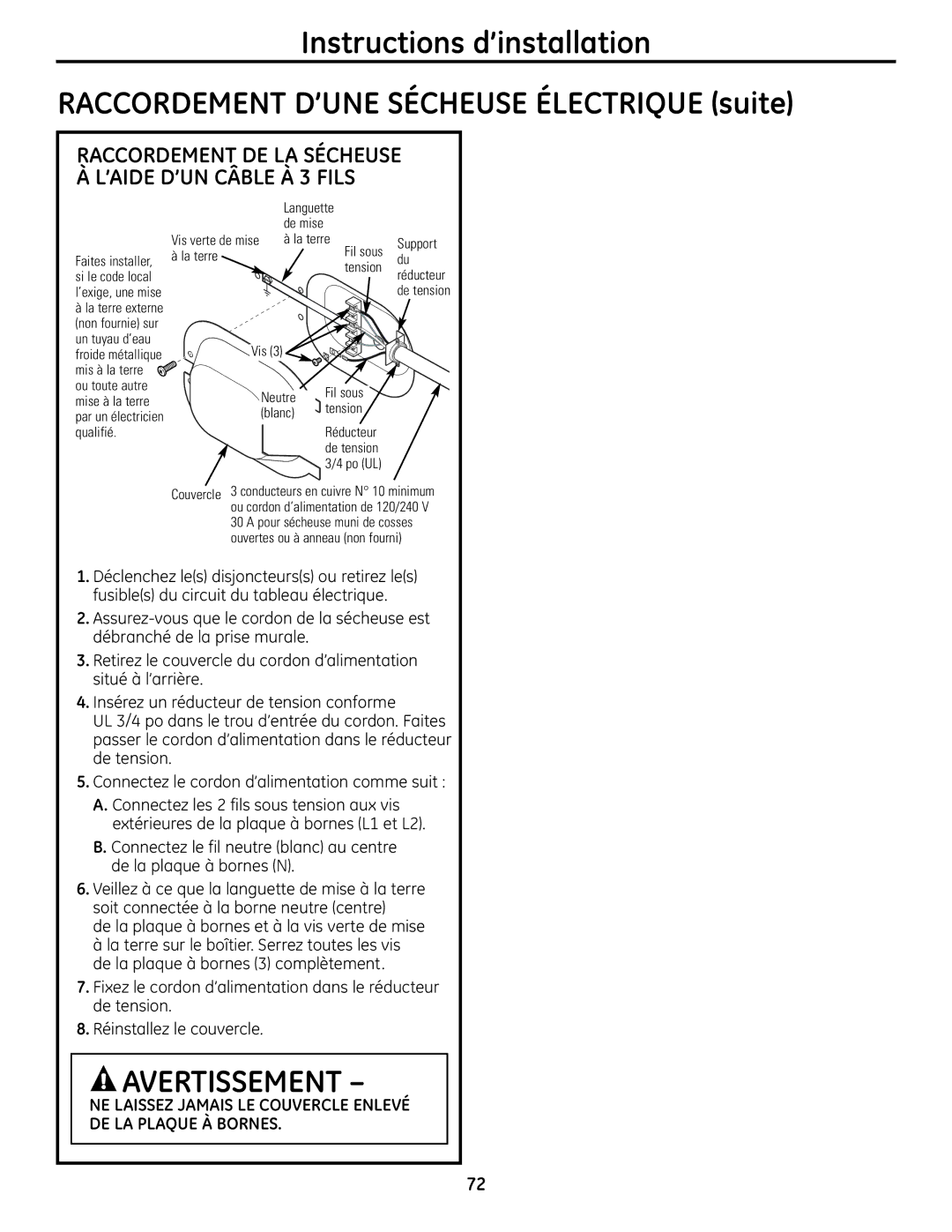 GE UPVH880 installation instructions Raccordement DE LA Sécheuse À L’AIDE D’UN Câble À 3 Fils 