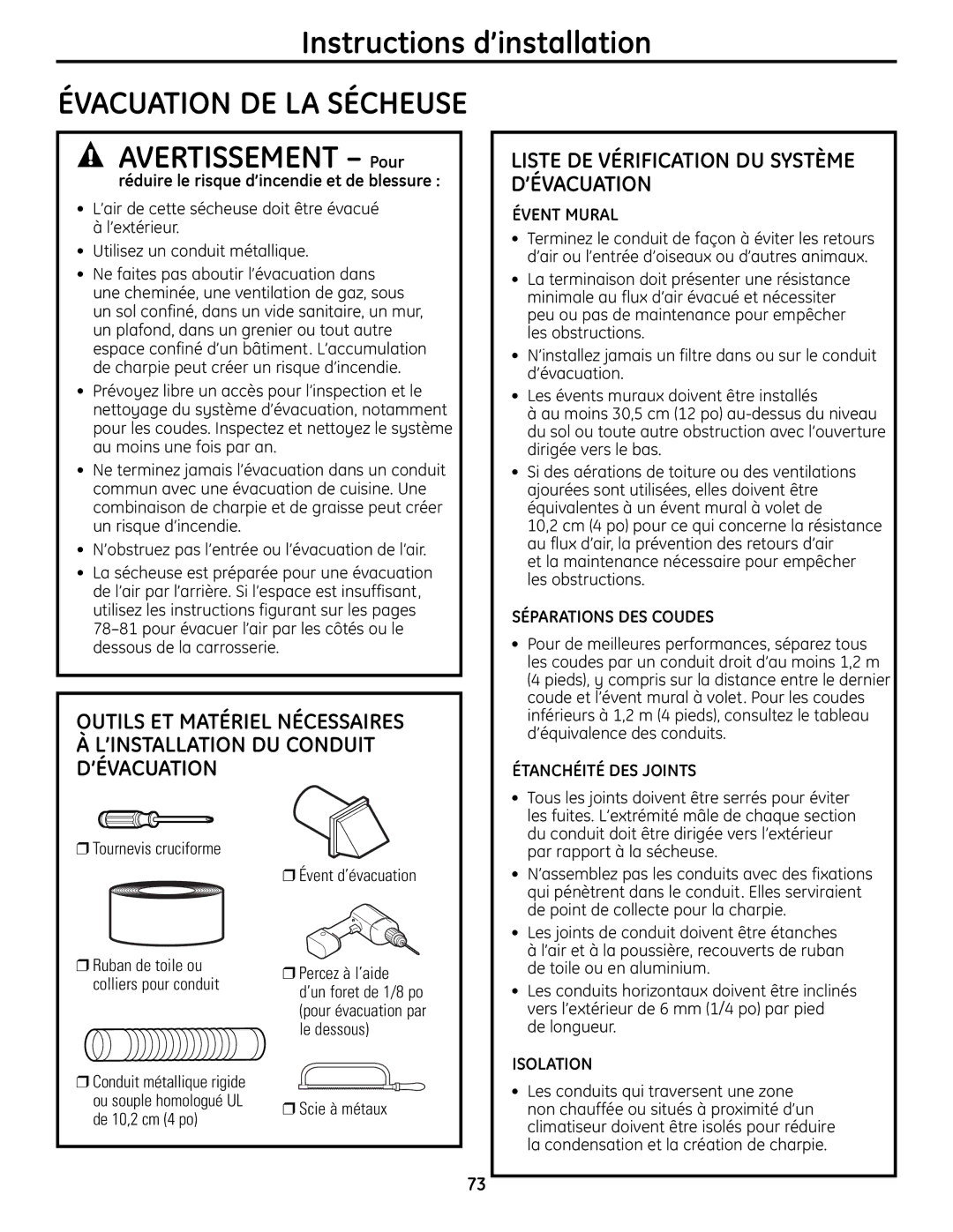 GE UPVH880 Avertissement Pour, Évent Mural, Séparations DES Coudes, Étanchéité DES Joints, Isolation 