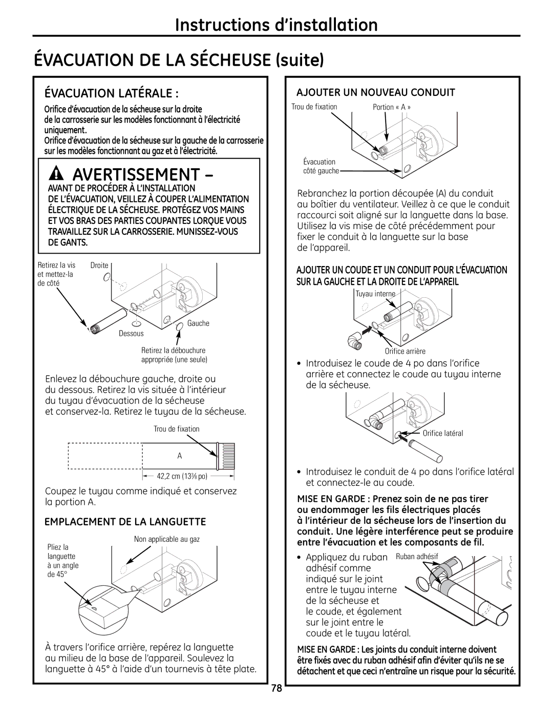 GE UPVH880 installation instructions Évacuation Latérale, Emplacement DE LA Languette, Ajouter UN Nouveau Conduit 